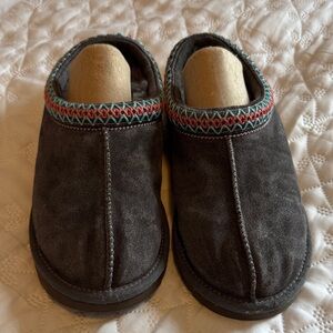 UGG Dark Gray Suede Slip-On Mules with Multicolor Trim